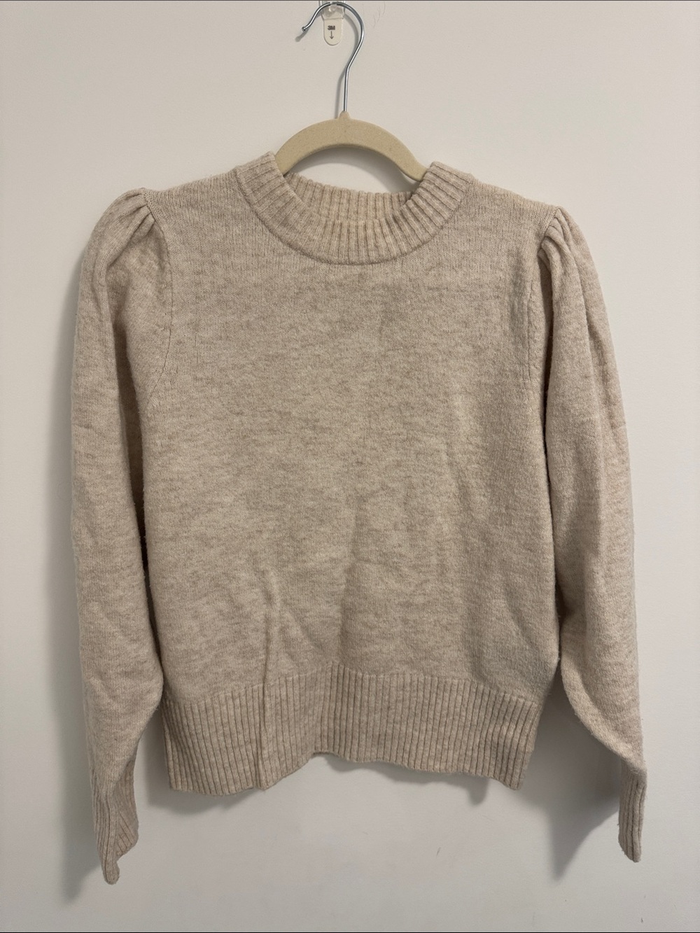 H&M Beige Crewneck Sweater with Subtle Puff Shoulders